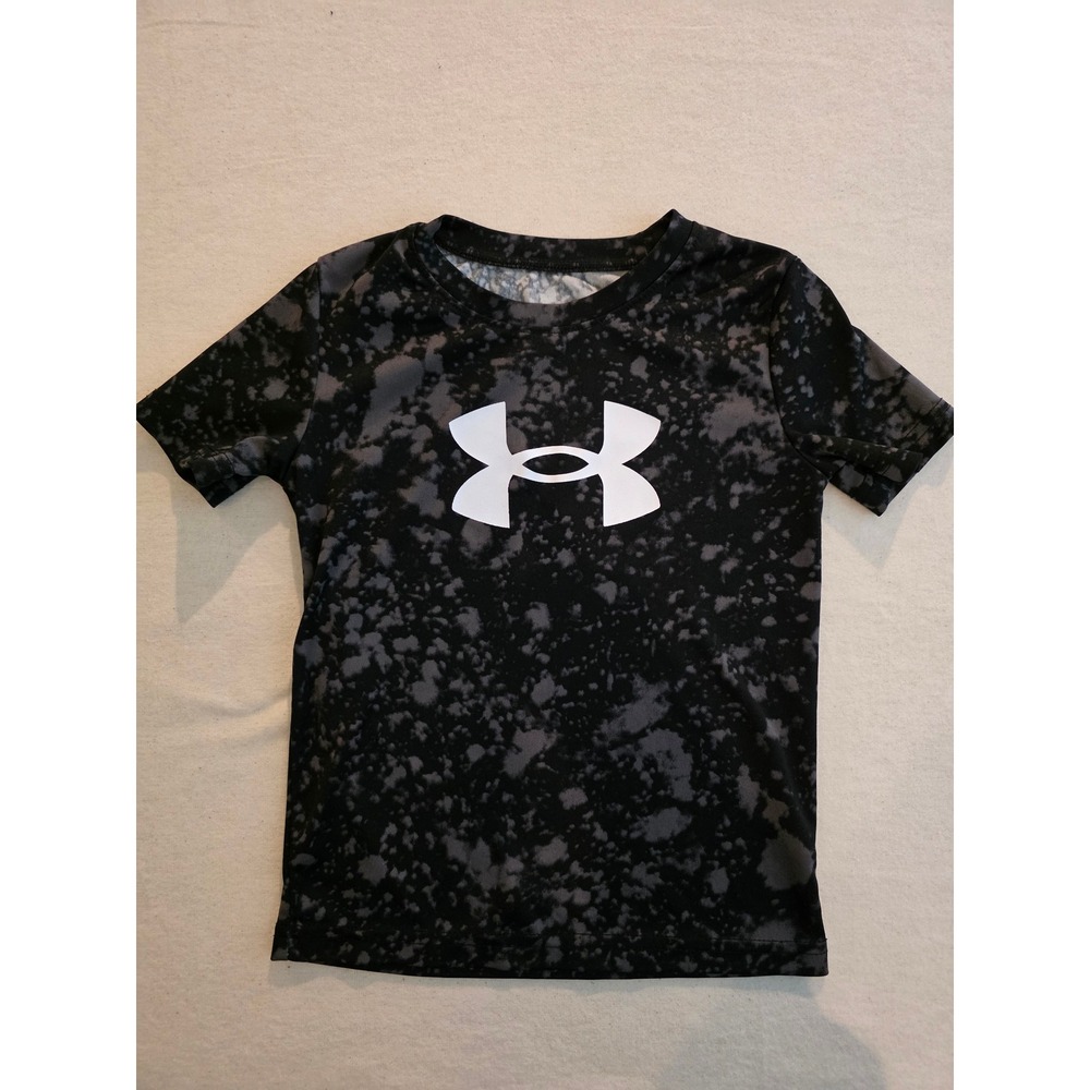 Under Armour Boys Sz 4 Black Gray Splatter Big Logo Activewear T-Shirt Camo Play